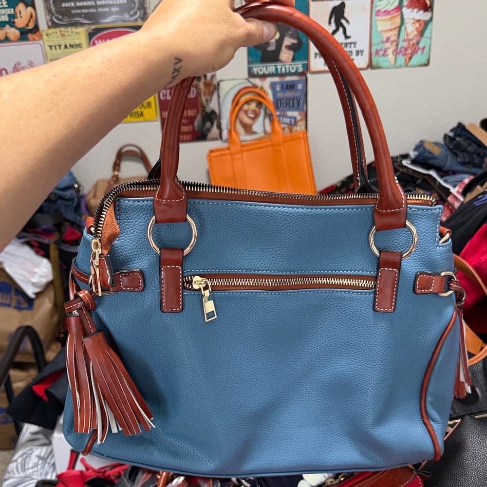 Blue and Brown Handbag